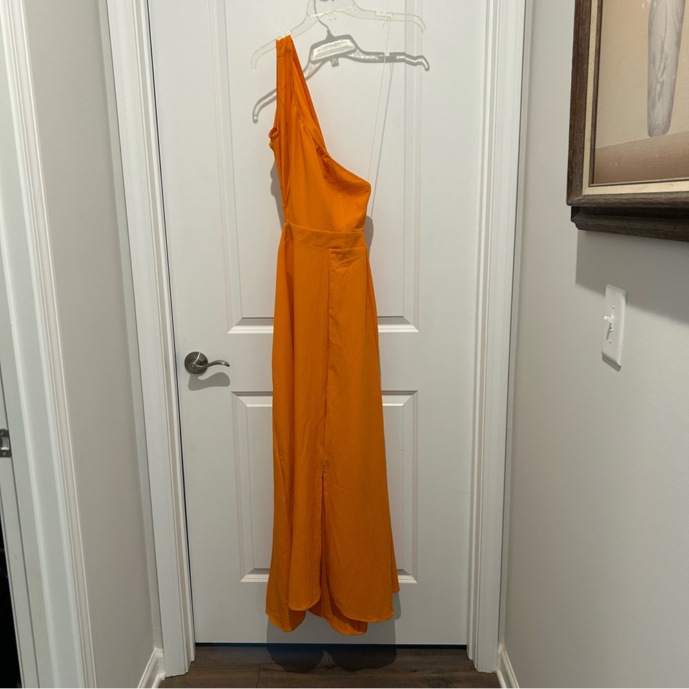 Orange one shoulder midi dress with slit by SHEIN.